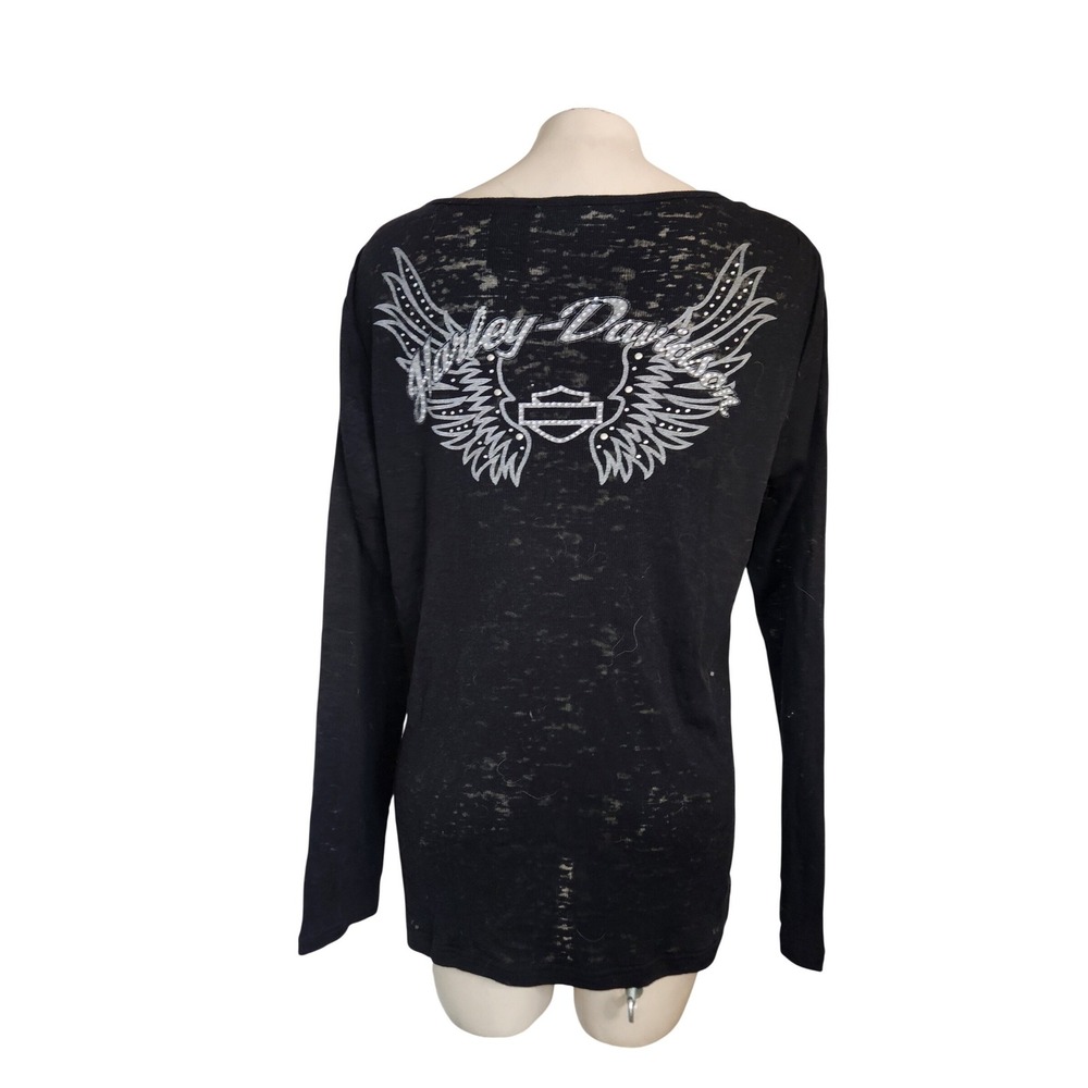 Harley Davidson Womens XL Black Burnout Long‎ Sleeve Rhinestone Winged Logo Top